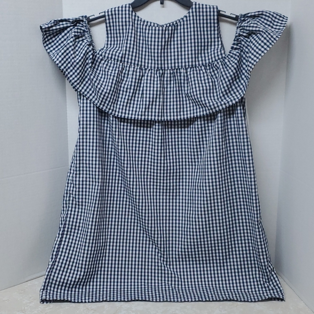 Style Envy Blue White Gingham Cold Shoulder Dress